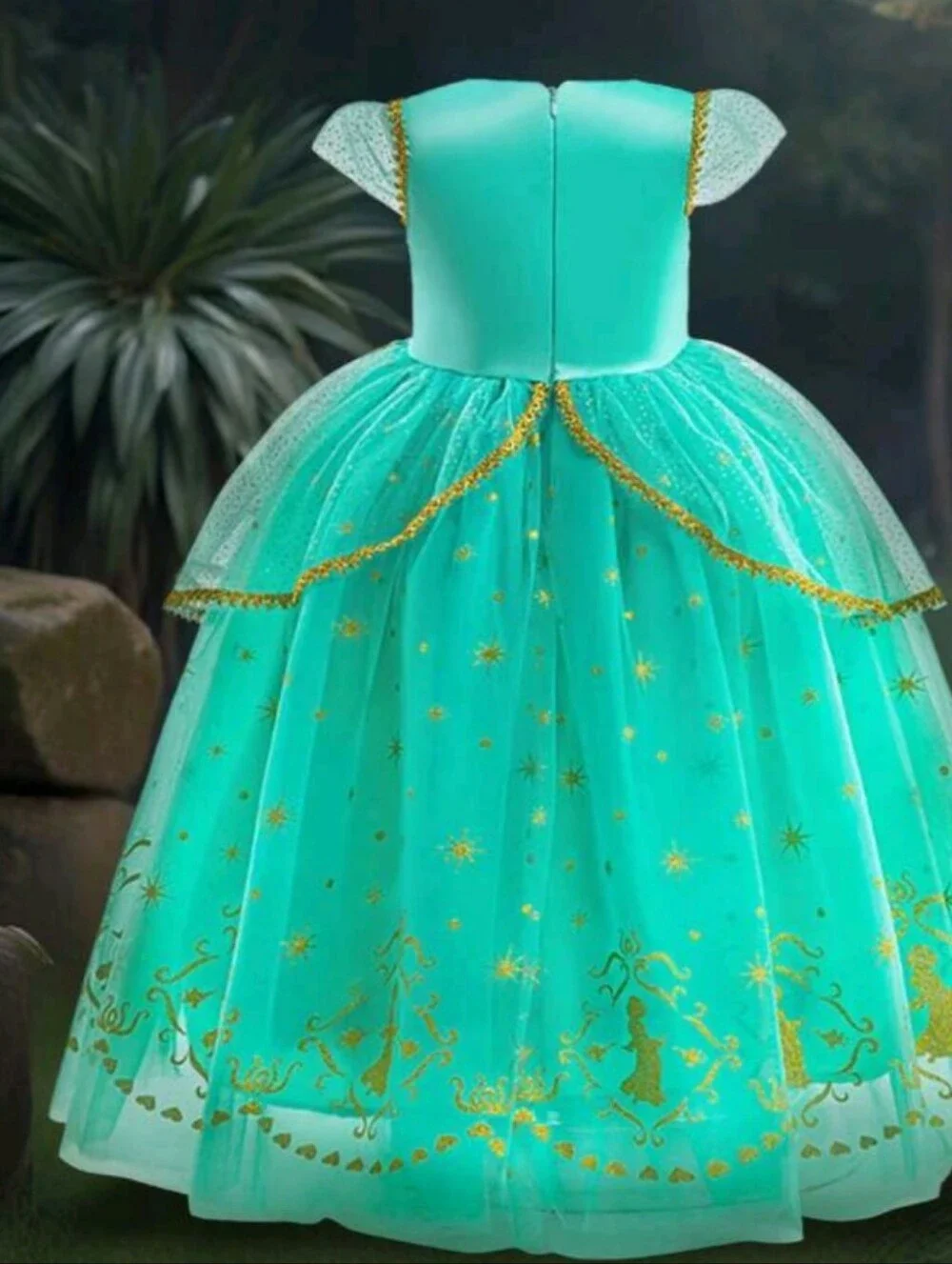 Girls' Aqua Tulle Princess Dress with Gold Trim
